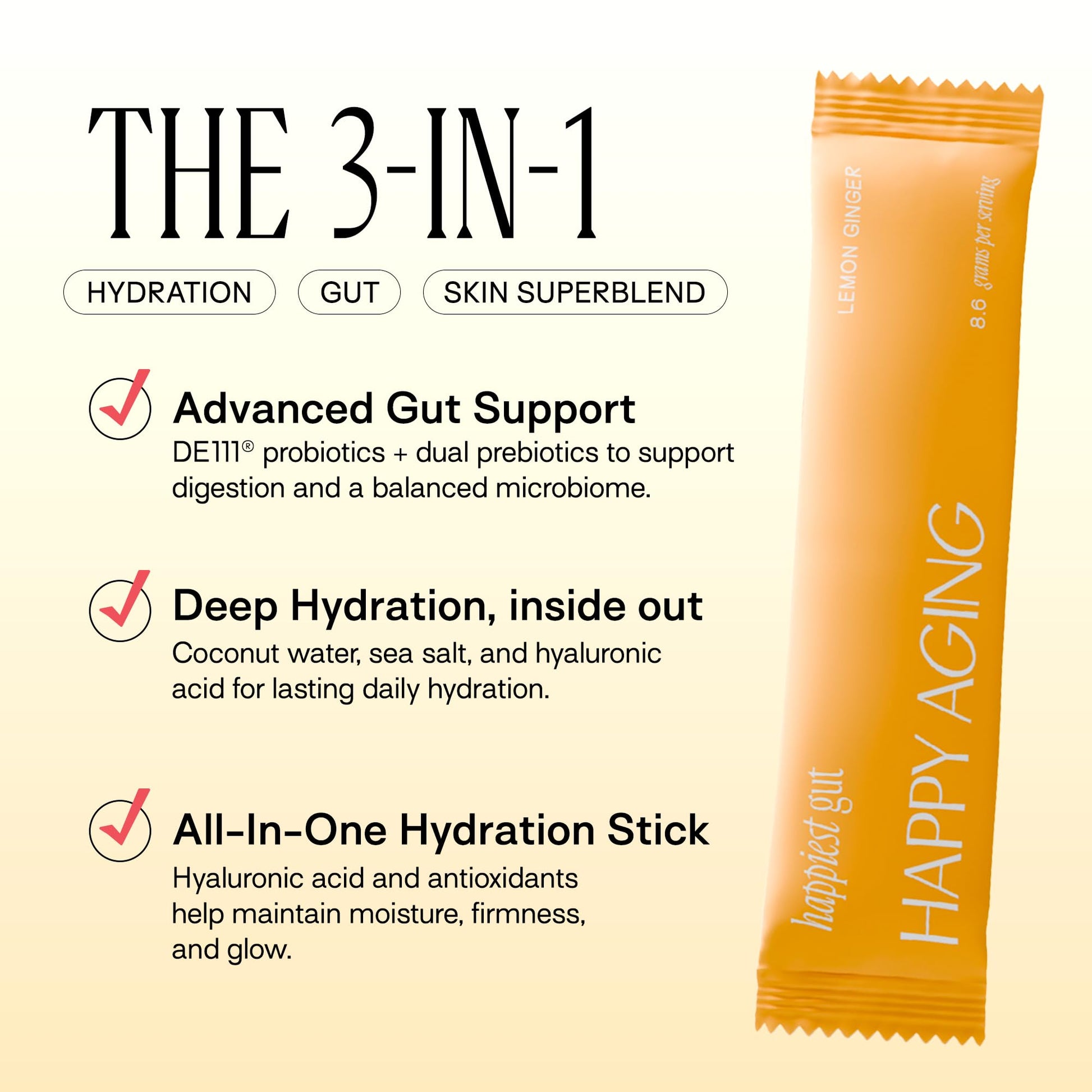 Happy Aging Electrolytes Powder Packets for Women - Sugar Free Hydration & Gut Health with Hyaluronic Acid & Bacillus Subtilis DE111 Probiotics - Dual Prebiotic System for Skin Beauty - PrimeBioHealth - canada supplements