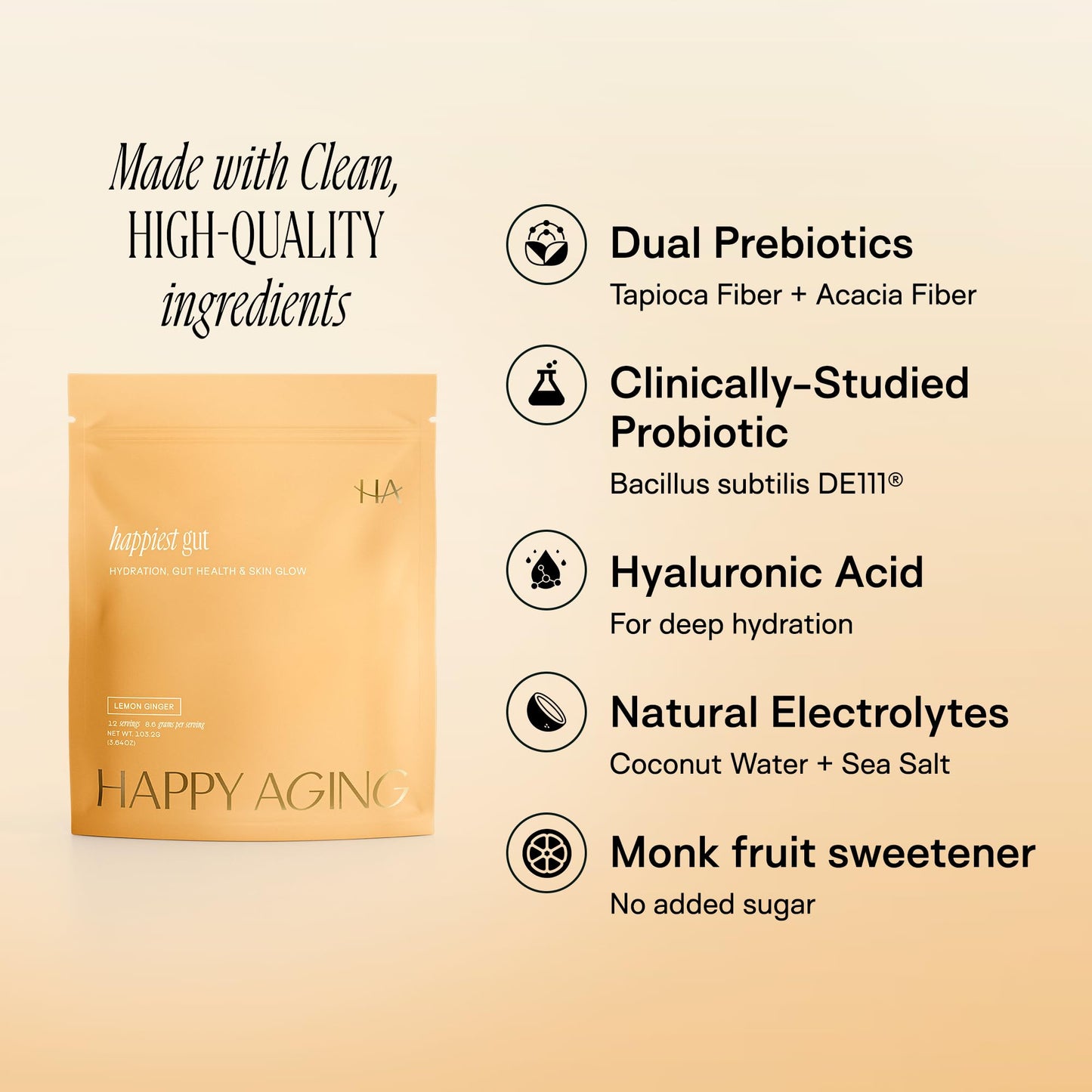 Happy Aging Electrolytes Powder Packets for Women - Sugar Free Hydration & Gut Health with Hyaluronic Acid & Bacillus Subtilis DE111 Probiotics - Dual Prebiotic System for Skin Beauty - PrimeBioHealth - canada supplements