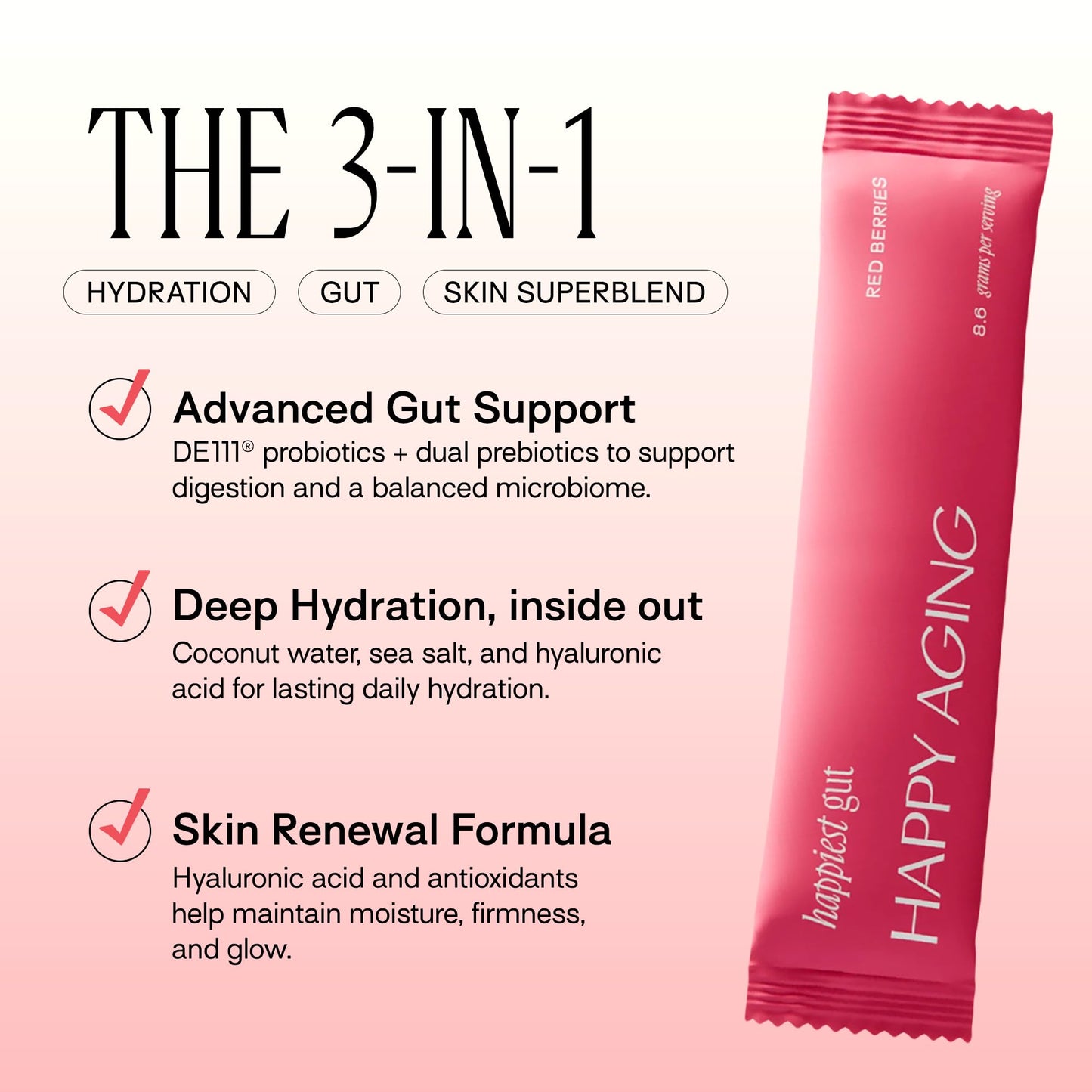 Happy Aging Electrolytes Powder Packets for Women - Sugar Free Hydration & Gut Health with Hyaluronic Acid & Bacillus Subtilis DE111 Probiotics - Dual Prebiotic System for Skin Beauty - PrimeBioHealth - canada supplements