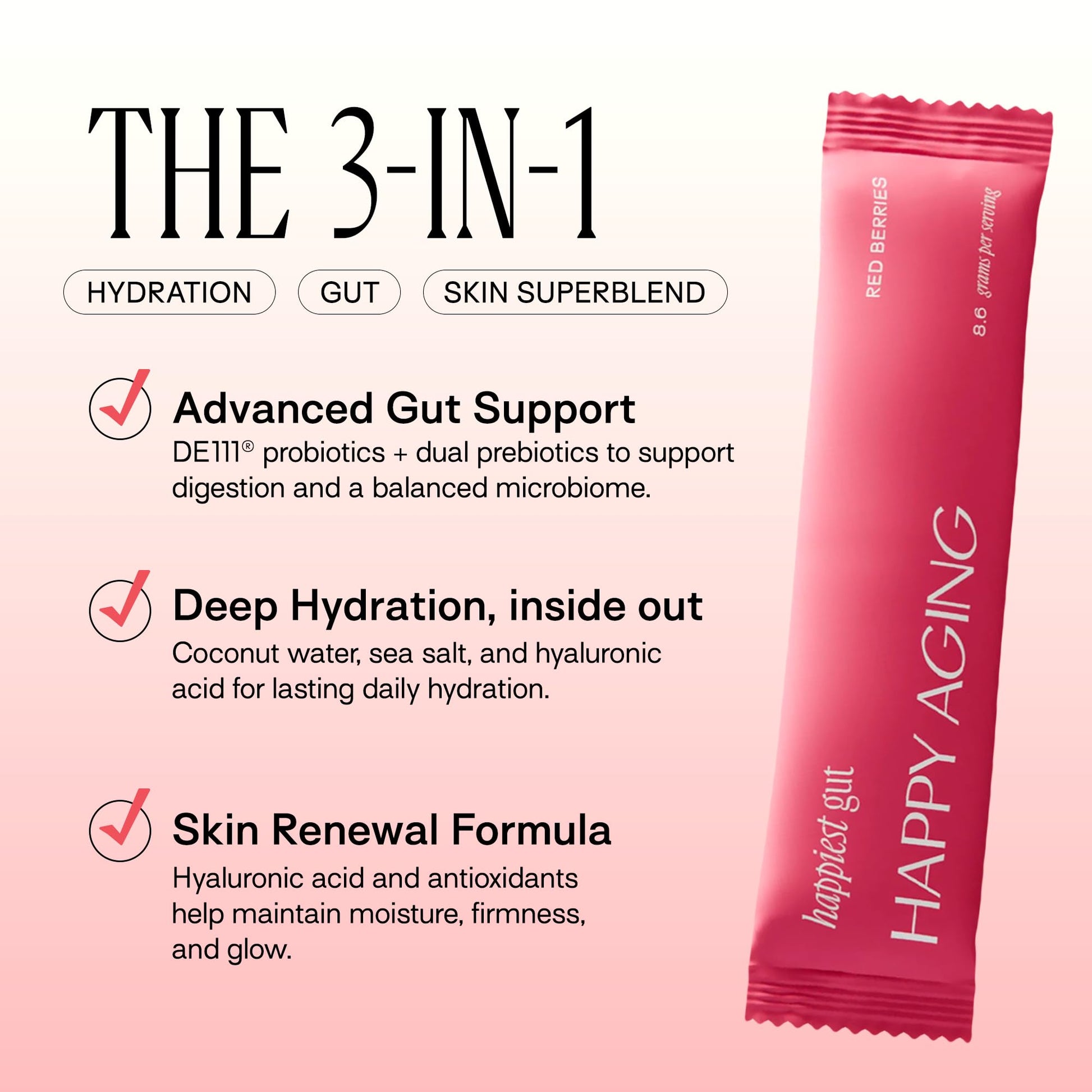 Happy Aging Electrolytes Powder Packets for Women - Sugar Free Hydration & Gut Health with Hyaluronic Acid & Bacillus Subtilis DE111 Probiotics - Dual Prebiotic System for Skin Beauty - PrimeBioHealth - canada supplements