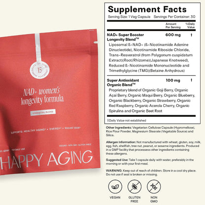Happy Aging Essential Longevity Formula, NAD+ Super Booster with NR, NMNH & Liposomal β-NAD+, Organic Antioxidant Superfruit Blend for Cellular Energy, Skin Hydration & Daily Vitality, 30 Capsules - PrimeBioHealth - canada supplements