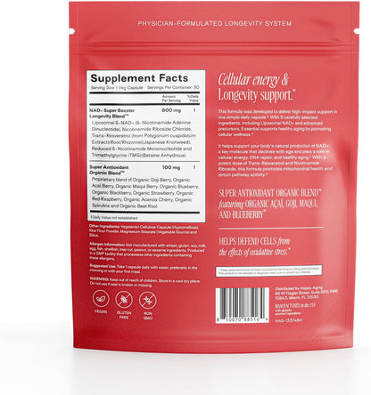 Happy Aging Essential Longevity Formula, NAD+ Super Booster with NR, NMNH & Liposomal β-NAD+, Organic Antioxidant Superfruit Blend for Cellular Energy, Skin Hydration & Daily Vitality, 30 Capsules - PrimeBioHealth - canada supplements