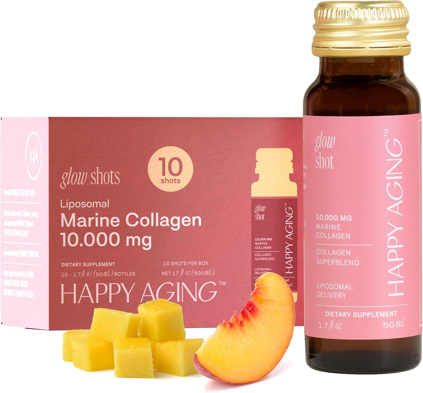 Happy Aging Marine Collagen Peptides Glow Shot 10g - Liquid Collagen for Women with Liposomal Delivery - Promotes Skin Hydration, Elasticity & Radiance - Supports Hair & Nails, 10 Shots - PrimeBioHealth - canada supplements