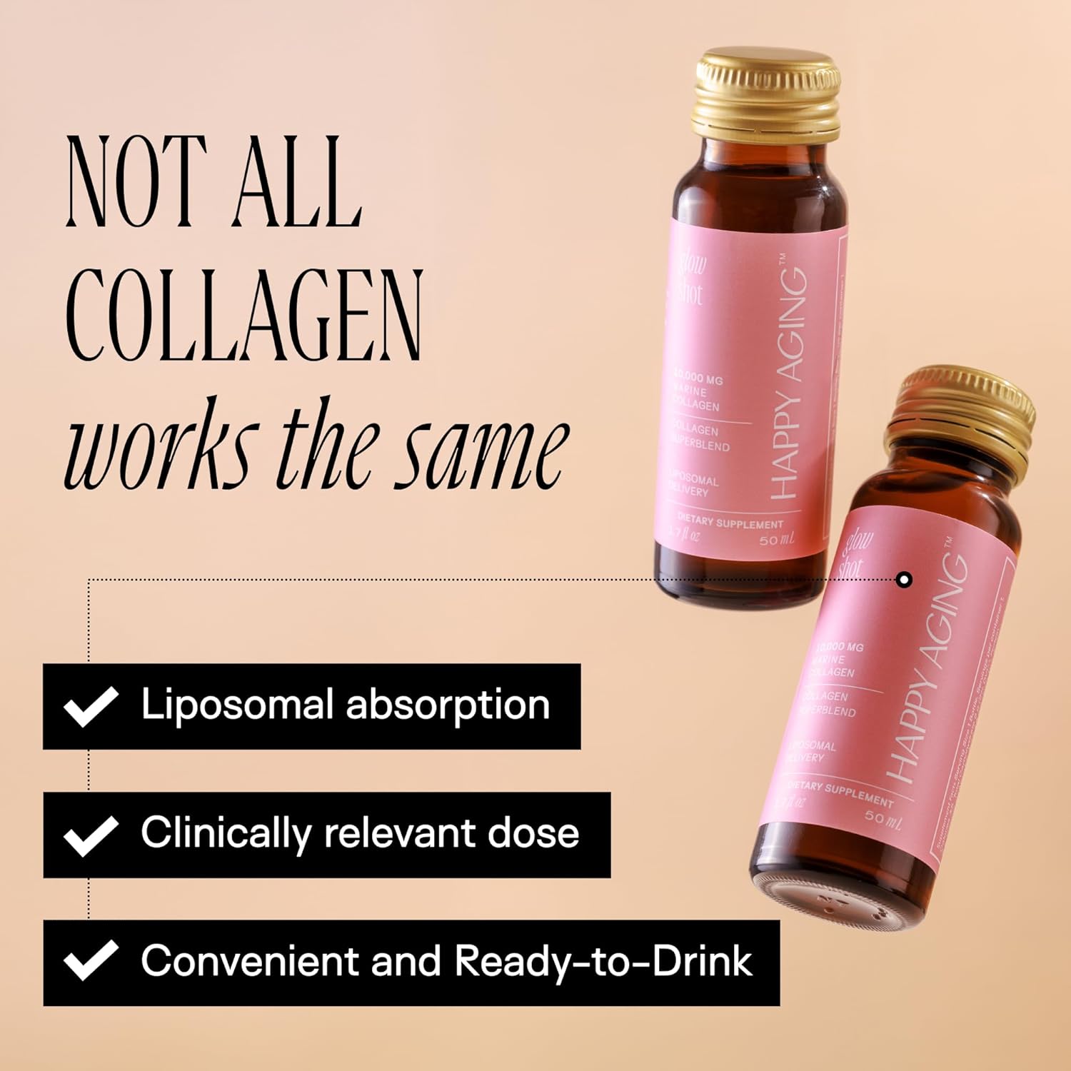 Happy Aging Marine Collagen Peptides Glow Shot 10g - Liquid Collagen for Women with Liposomal Delivery - Promotes Skin Hydration, Elasticity & Radiance - Supports Hair & Nails, 10 Shots - PrimeBioHealth - canada supplements