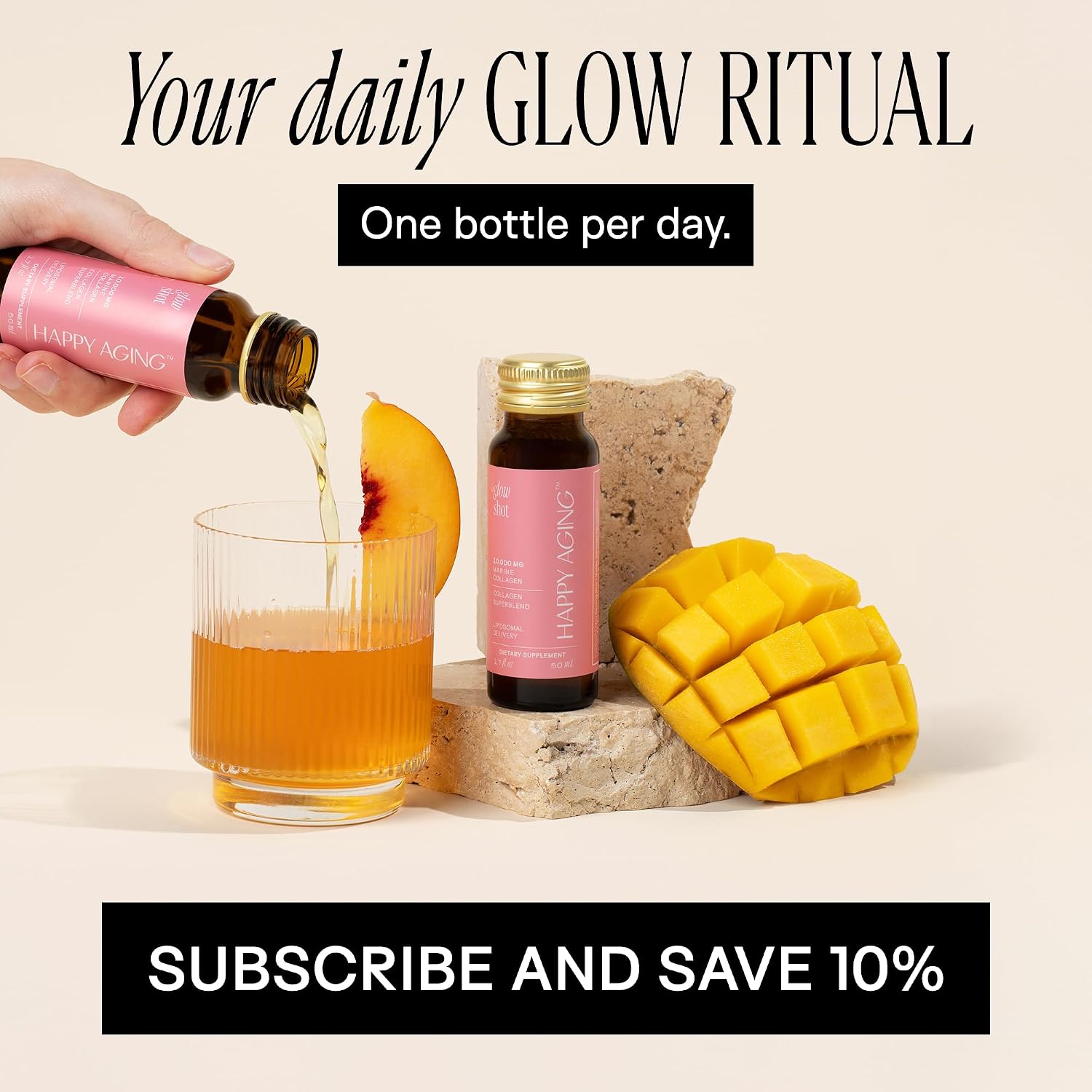 Happy Aging Marine Collagen Peptides Glow Shot 10g - Liquid Collagen for Women with Liposomal Delivery - Promotes Skin Hydration, Elasticity & Radiance - Supports Hair & Nails, 10 Shots - PrimeBioHealth - canada supplements
