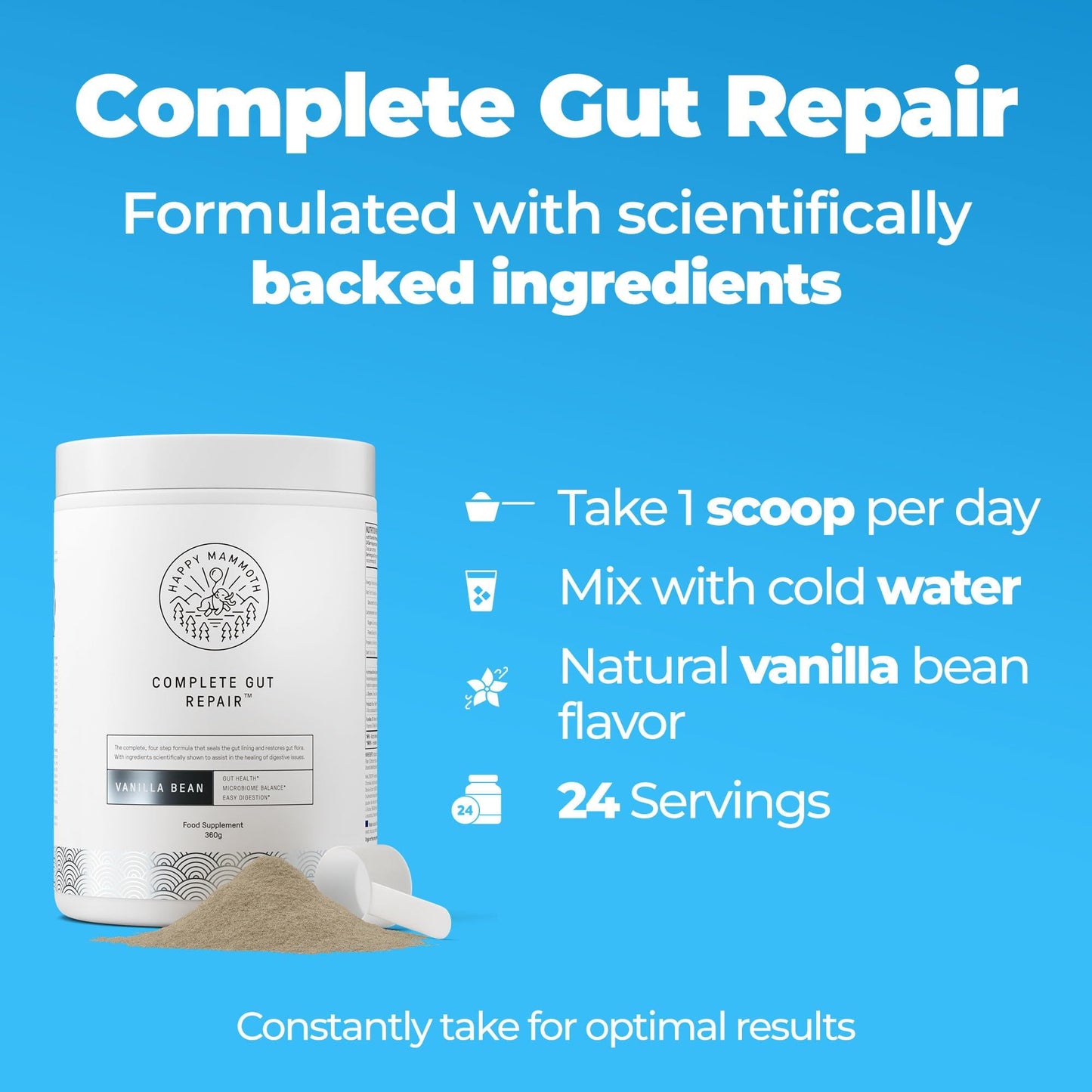 Happy Mammoth Complete Gut Repair Probiotic, Prebiotic, Fiber & Collagen Supplement for Gut Health, Digestion, Healthy Gut Microbiome, Reduces Constipation - PrimeBioHealth - canada supplements
