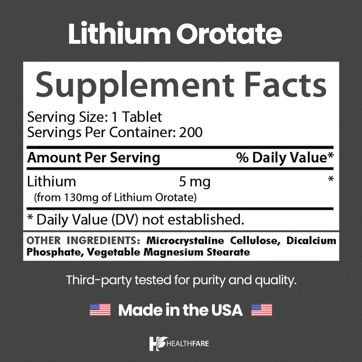 HealthFare Lithium Orotate Supplement 130mg | 200 Vegetarian Tablets | High Bioavailability Trace Mineral | Mood, Brain & Memory Support - PrimeBioHealth - canada supplements