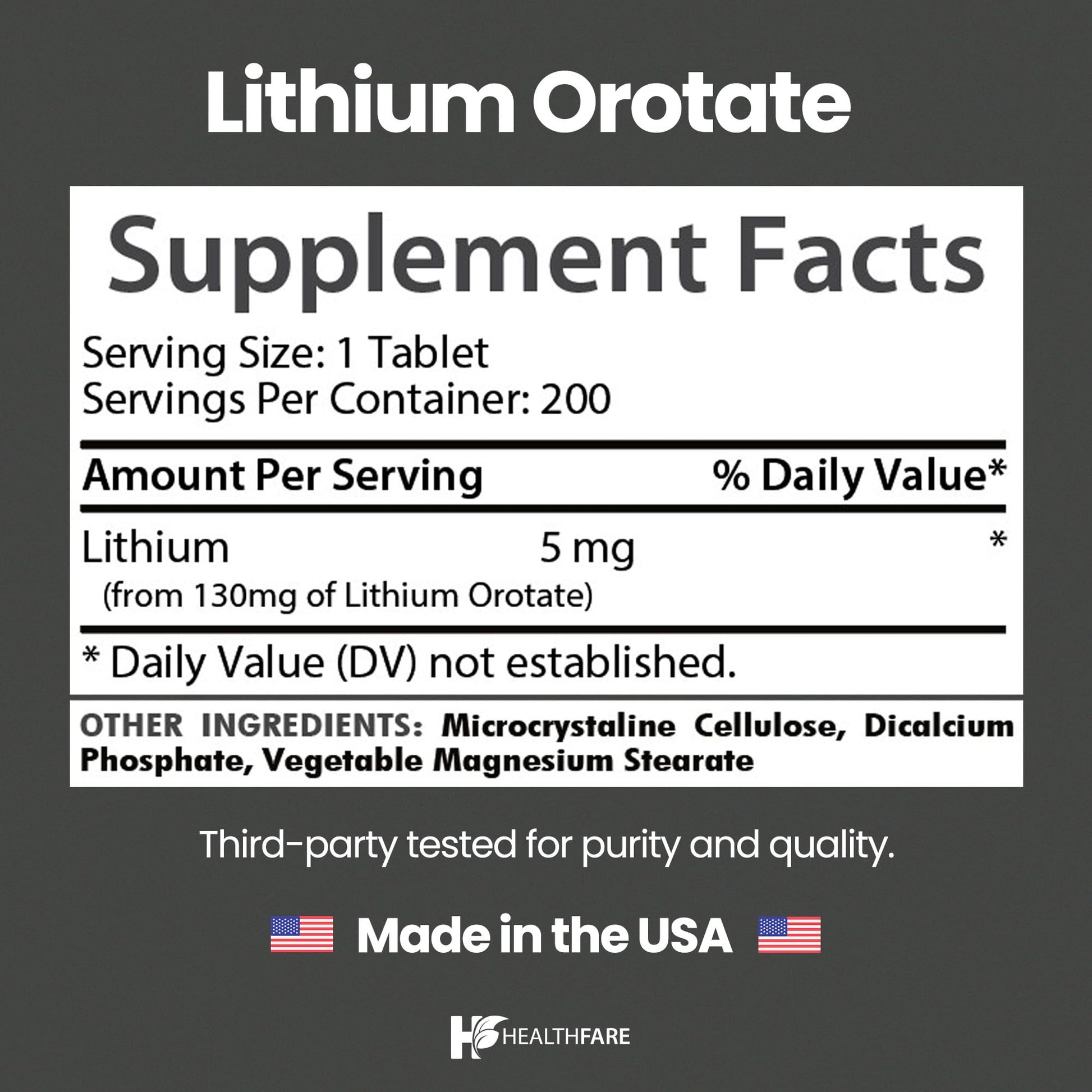 HealthFare Lithium Orotate Supplement 130mg | 200 Vegetarian Tablets | High Bioavailability Trace Mineral | Mood, Brain & Memory Support - PrimeBioHealth - canada supplements
