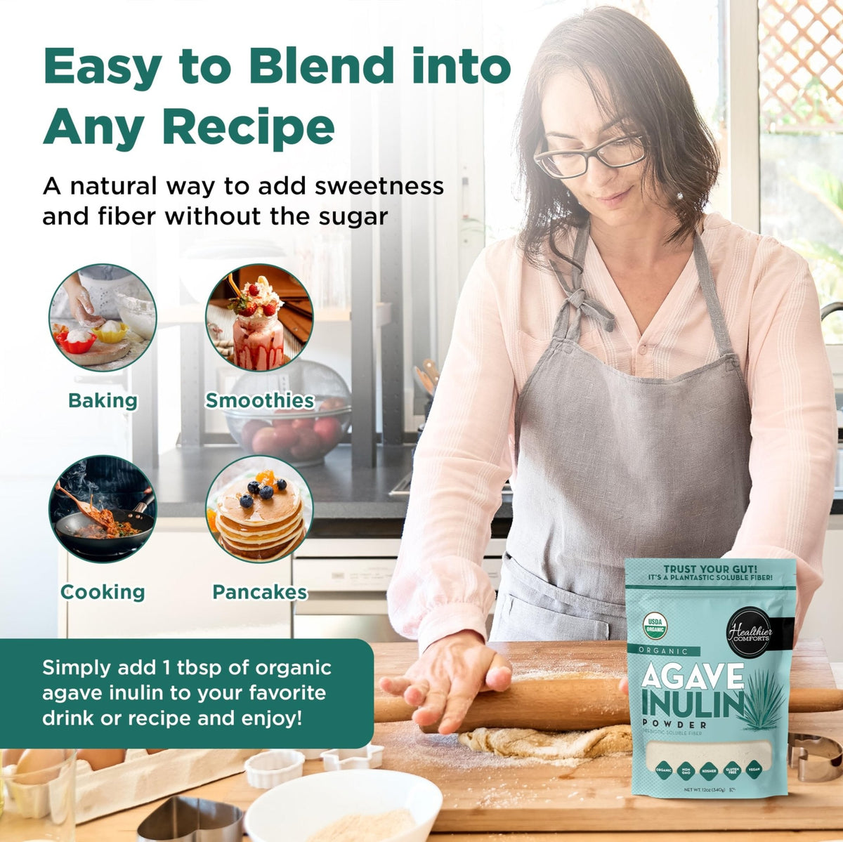 Healthier Comforts Organic Inulin Powder (12 oz) from Blue Agave | Soluble Prebiotic Fiber, Gentle on Digestion, Non-GMO | Perfect for Coffee, Baking & Cooking - PrimeBioHealth - canada supplements