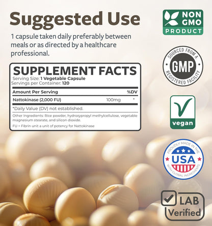 Healths Harmony Nattokinase 2000 FU (Non-GMO) Powerful Nattokinase Supplement Made from Naturally Fermented Soybeans - (4 Month Supply) 120 Vegan Natto Capsules - PrimeBioHealth - canada supplements