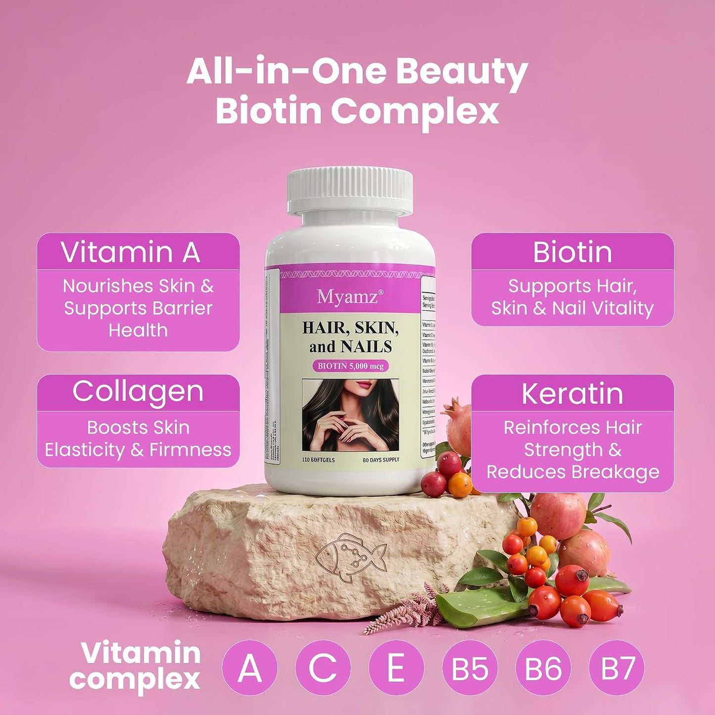 Healthy Hair Skin & Nails Supplement with Vitamin & Zinc – Beauty Wellness Complex for Women & Men – Supports Stronger Nails, Shinier Hair & Radiant Complexion 120 Capsules - PrimeBioHealth - canada supplements