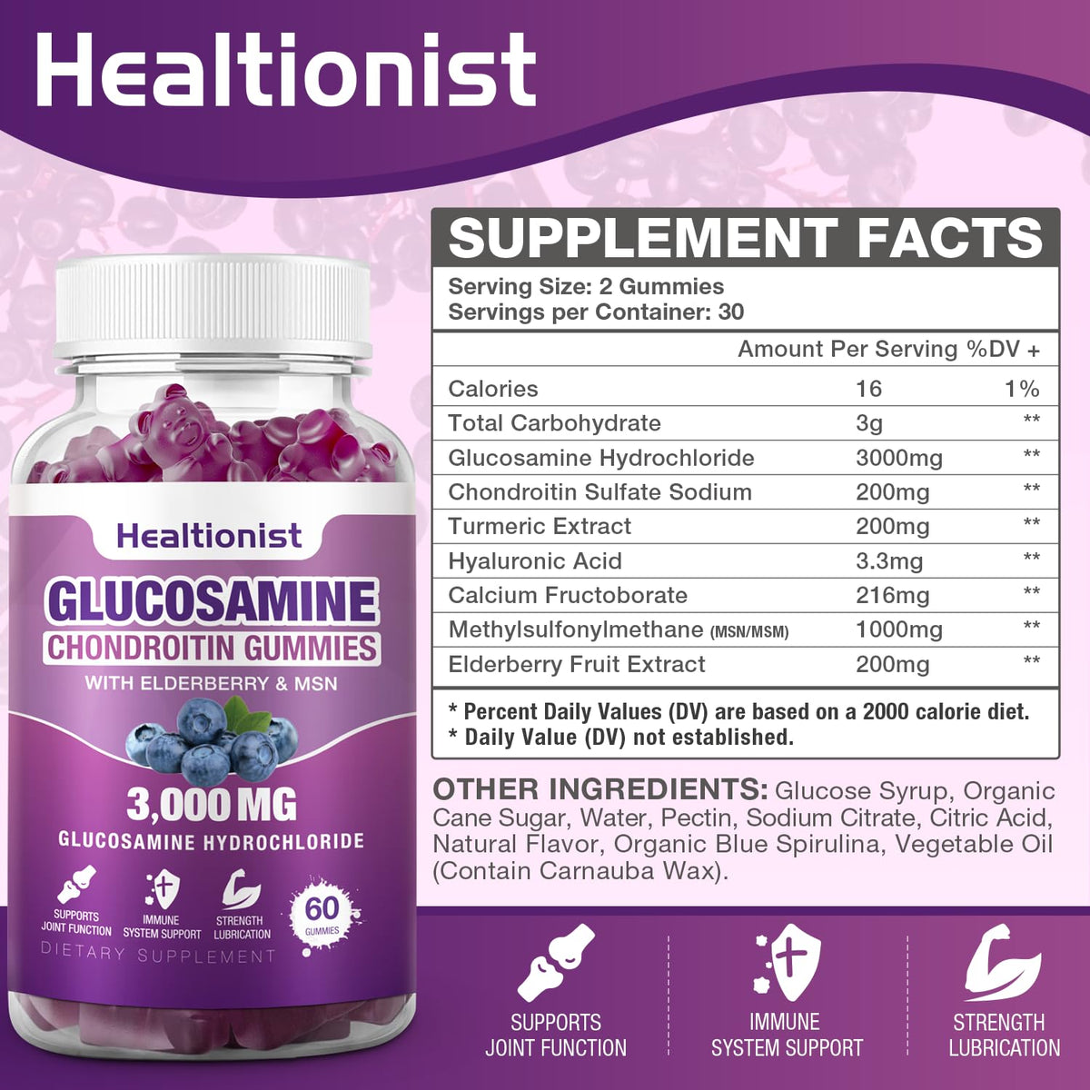Healtionist 2 Packs 3000mg Glucosamine Chondroitin Gummies with MSM & Elderberry - PrimeBioHealth - canada supplements