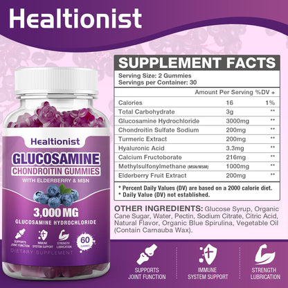 Healtionist 2 Packs 3000mg Glucosamine Chondroitin Gummies with MSM & Elderberry - PrimeBioHealth - canada supplements