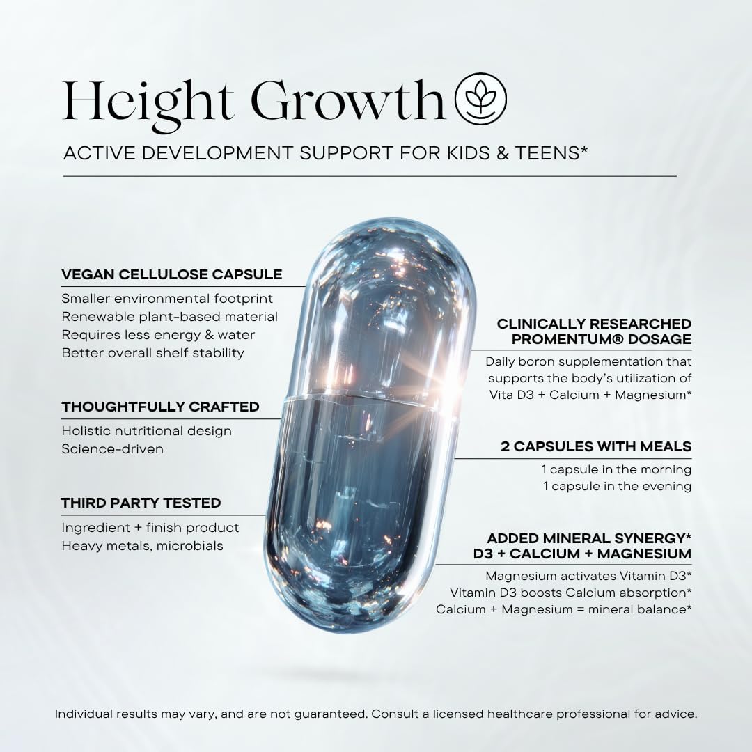 Height Growth Supplement for Kids & Teens - Clinically Tested Boron, Vitamin D3, Calcium, Amino Acids, Magnesium Pills - Hormone Health, Development, Nutrition Support - 60 Vegan Capsules - PrimeBioHealth - canada supplements