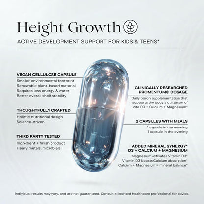 Height Growth Supplement for Kids & Teens - Clinically Tested Boron, Vitamin D3, Calcium, Amino Acids, Magnesium Pills - Hormone Health, Development, Nutrition Support - 60 Vegan Capsules - PrimeBioHealth - canada supplements