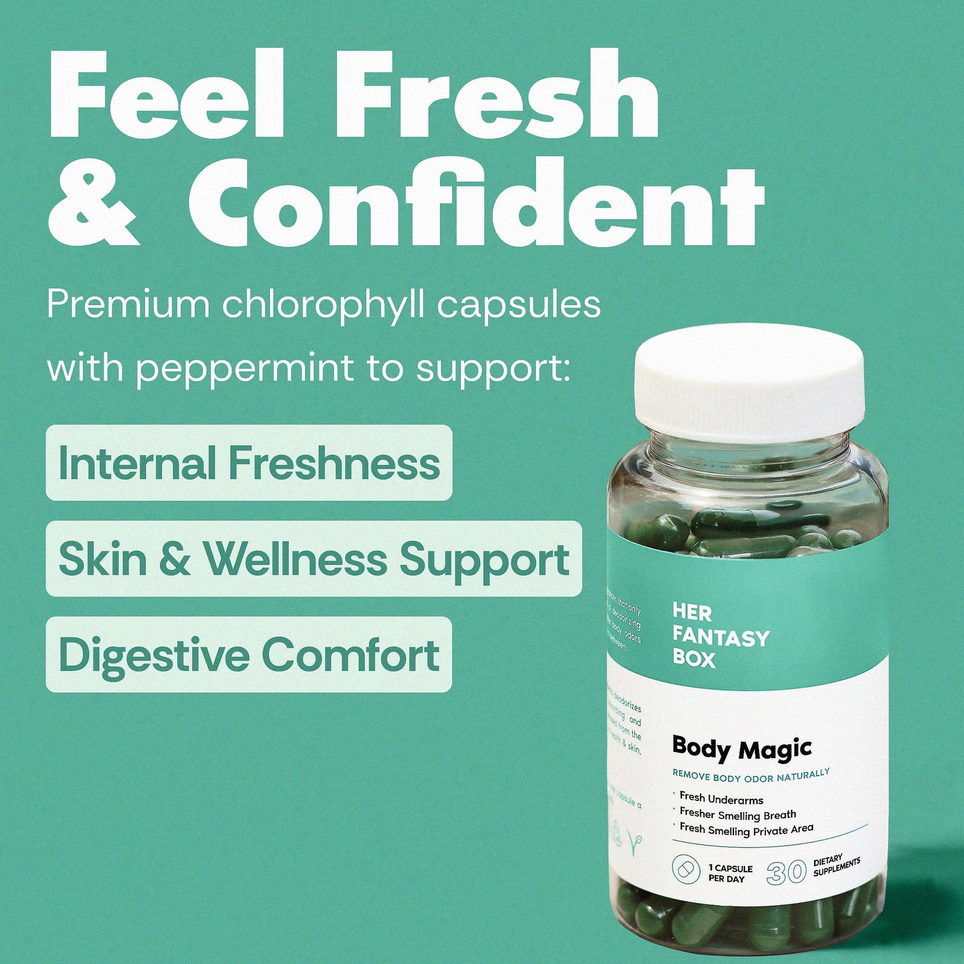 Her Fantasy Box | Body Magic | Chlorophyll Capsules - 30 Vegan Capsules for Detox, Digestion, Gut Health, Skin Support - PrimeBioHealth - canada supplements
