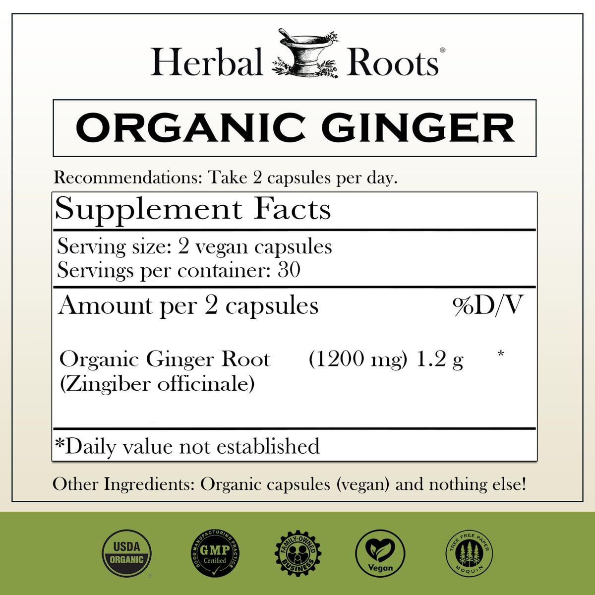 Herbal Roots Ginger Supplement | Organic Ginger Root Capsules | 1,200 mg of Pure Ginger Powder per Serving | 60 Vegan Capsules - PrimeBioHealth - canada supplements