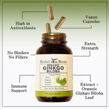 Herbal Roots Organic Ginkgo Biloba Made with Pure Organic Ginkgo Leaf and Extract - 60 Vegan Capsules - PrimeBioHealth - canada supplements