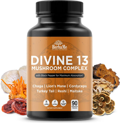 HerbaMe 13 Mushroom Extract Complex Capsules with Lion’s Mane, Cordyceps, Turkey Tail, Reishi & Chaga – Brain, Energy & Immune Support Supplement with Black Pepper for Absorption, 90 Count - PrimeBioHealth - canada supplements