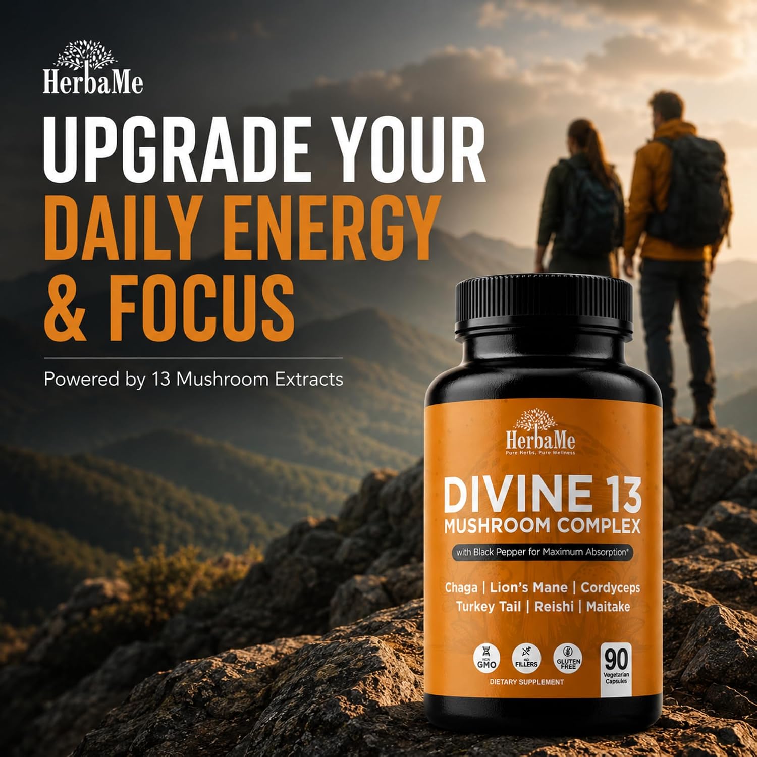 HerbaMe 13 Mushroom Extract Complex Capsules with Lion’s Mane, Cordyceps, Turkey Tail, Reishi & Chaga – Brain, Energy & Immune Support Supplement with Black Pepper for Absorption, 90 Count - PrimeBioHealth - canada supplements