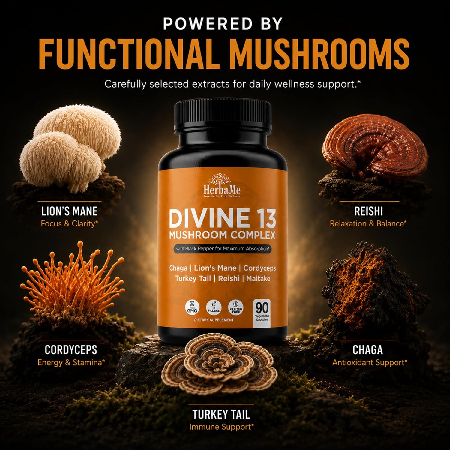 HerbaMe 13 Mushroom Extract Complex Capsules with Lion’s Mane, Cordyceps, Turkey Tail, Reishi & Chaga – Brain, Energy & Immune Support Supplement with Black Pepper for Absorption, 90 Count - PrimeBioHealth - canada supplements