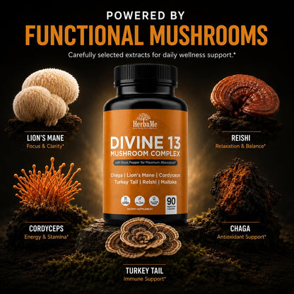 HerbaMe 13 Mushroom Extract Complex Capsules with Lion’s Mane, Cordyceps, Turkey Tail, Reishi & Chaga – Brain, Energy & Immune Support Supplement with Black Pepper for Absorption, 90 Count - PrimeBioHealth - canada supplements