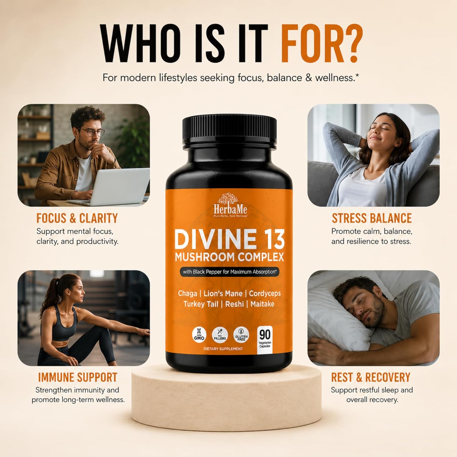 HerbaMe 13 Mushroom Extract Complex Capsules with Lion’s Mane, Cordyceps, Turkey Tail, Reishi & Chaga – Brain, Energy & Immune Support Supplement with Black Pepper for Absorption, 90 Count - PrimeBioHealth - canada supplements