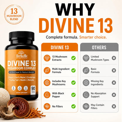 HerbaMe 13 Mushroom Extract Complex Capsules with Lion’s Mane, Cordyceps, Turkey Tail, Reishi & Chaga – Brain, Energy & Immune Support Supplement with Black Pepper for Absorption, 90 Count - PrimeBioHealth - canada supplements