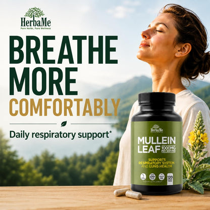HerbaMe Mullein Leaf 1000mg, 120 Capsules - Daily Respiratory Support Supplement, Supports Breathing Comfort & Mucus Balance, Herbal Lung Support for Smokers, Men & Women - PrimeBioHealth - canada supplements