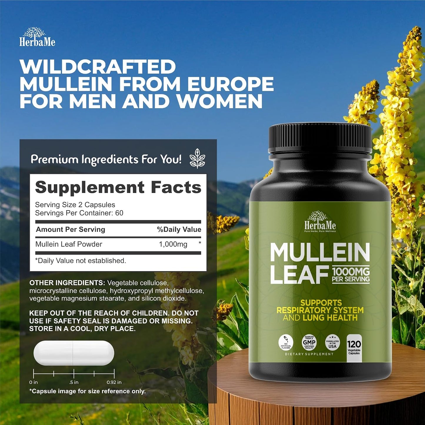 HerbaMe Mullein Leaf 1000mg, 120 Capsules - Daily Respiratory Support Supplement, Supports Breathing Comfort & Mucus Balance, Herbal Lung Support for Smokers, Men & Women - PrimeBioHealth - canada supplements