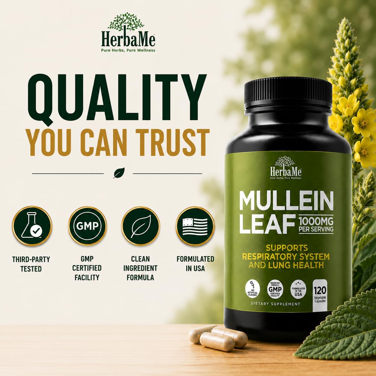 HerbaMe Mullein Leaf 1000mg, 120 Capsules - Daily Respiratory Support Supplement, Supports Breathing Comfort & Mucus Balance, Herbal Lung Support for Smokers, Men & Women - PrimeBioHealth - canada supplements