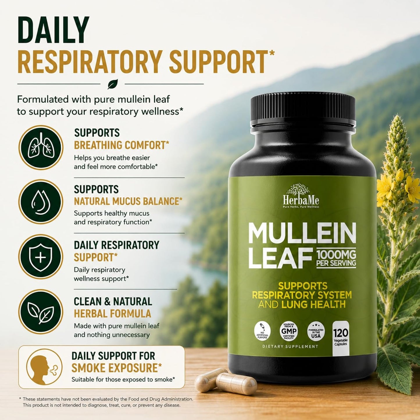 HerbaMe Mullein Leaf 1000mg, 120 Capsules - Daily Respiratory Support Supplement, Supports Breathing Comfort & Mucus Balance, Herbal Lung Support for Smokers, Men & Women - PrimeBioHealth - canada supplements