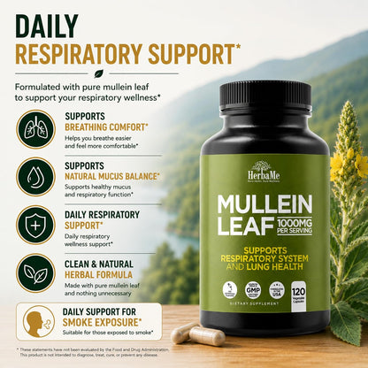 HerbaMe Mullein Leaf 1000mg, 120 Capsules - Daily Respiratory Support Supplement, Supports Breathing Comfort & Mucus Balance, Herbal Lung Support for Smokers, Men & Women - PrimeBioHealth - canada supplements