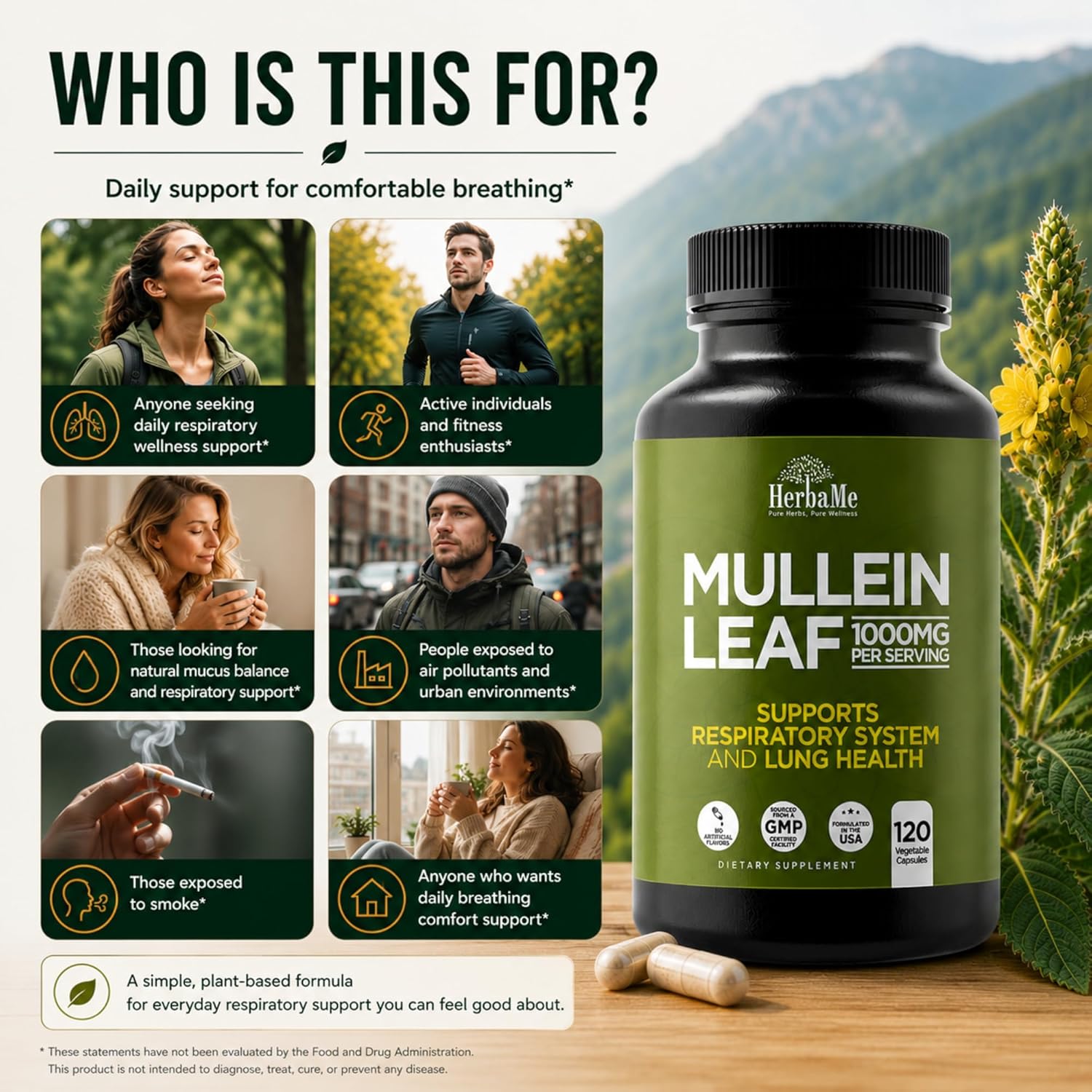 HerbaMe Mullein Leaf 1000mg, 120 Capsules - Daily Respiratory Support Supplement, Supports Breathing Comfort & Mucus Balance, Herbal Lung Support for Smokers, Men & Women - PrimeBioHealth - canada supplements