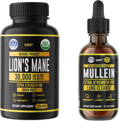 HERBIFY Bundle Lions Mane Capsules & Mullein Drops - Daily Supplement for Memory, Focus, Clarity & Powerful Lung Cleanse Support - PrimeBioHealth - canada supplements