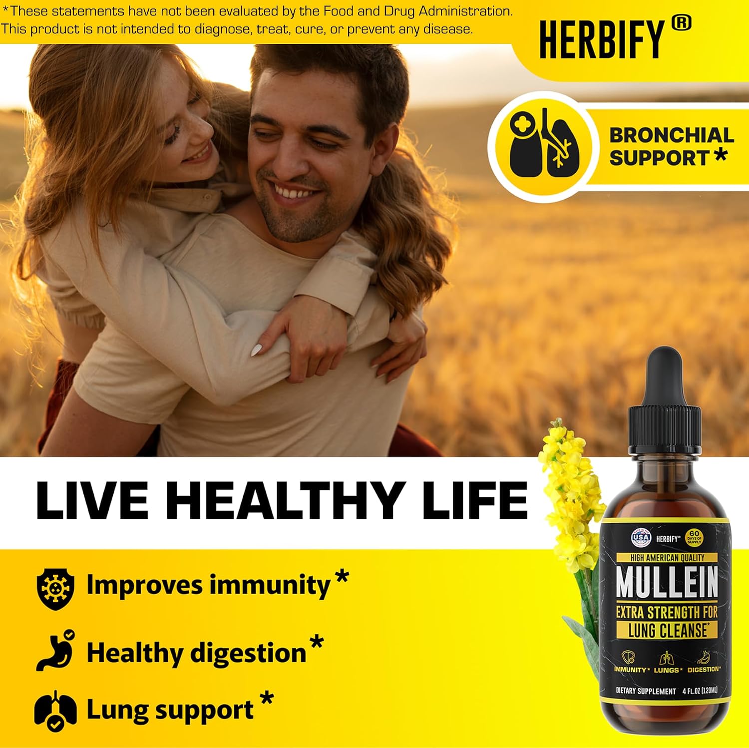 HERBIFY Bundle - Lions Mane & Mullein 4 Fl Oz Drops - Supplement for Memory, Focus & Clarity & Immune Support, Lung Cleanse and Bronchial Support - PrimeBioHealth - canada supplements