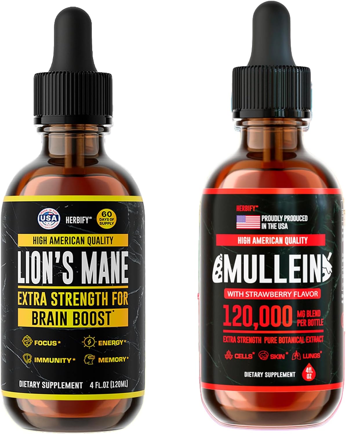 HERBIFY Bundle - Lions Mane & Mullein 4 Fl Oz Strawberry Drops - Supplement for Memory, Focus & Clarity & Immune Support, Lung Cleanse and Bronchial Support - PrimeBioHealth - canada supplements