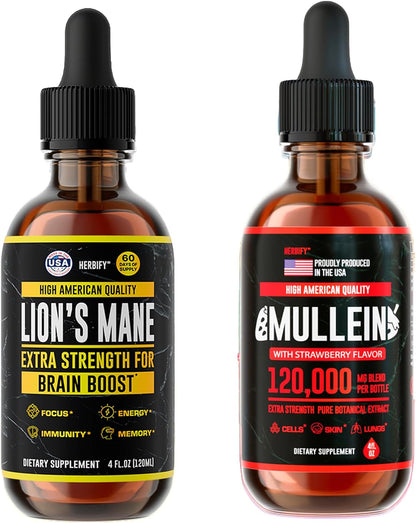 HERBIFY Bundle - Lions Mane & Mullein 4 Fl Oz Strawberry Drops - Supplement for Memory, Focus & Clarity & Immune Support, Lung Cleanse and Bronchial Support - PrimeBioHealth - canada supplements