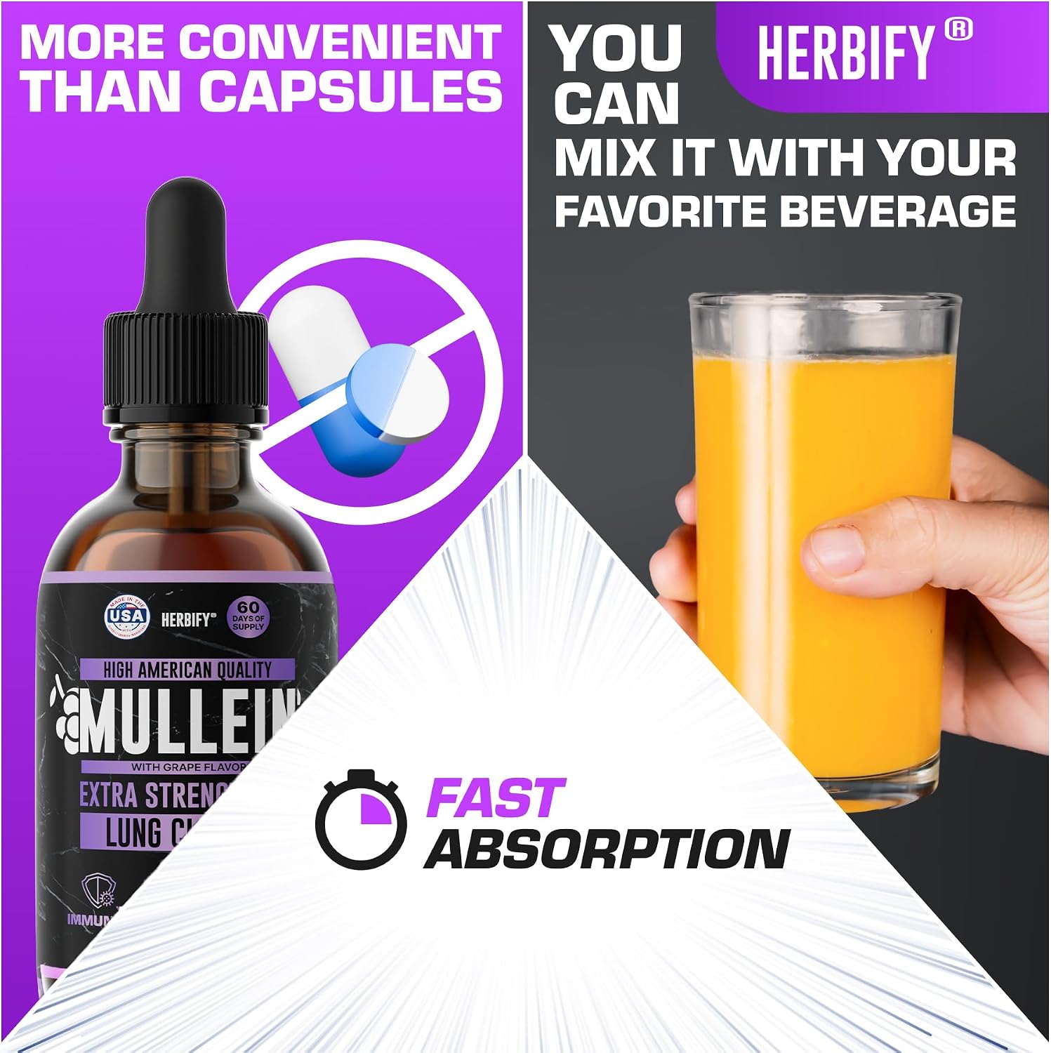 HERBIFY Bundle - Lions Mane & Mullein Grape 4 Fl Oz Drops - Supplement for Memory, Focus & Clarity & Immune Support, Lung Cleanse and Bronchial Support - PrimeBioHealth - canada supplements