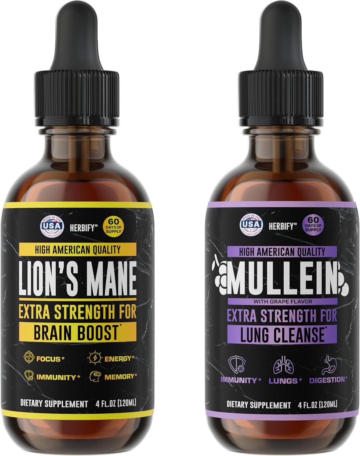 HERBIFY Bundle - Lions Mane & Mullein Grape 4 Fl Oz Drops - Supplement for Memory, Focus & Clarity & Immune Support, Lung Cleanse and Bronchial Support - PrimeBioHealth - canada supplements