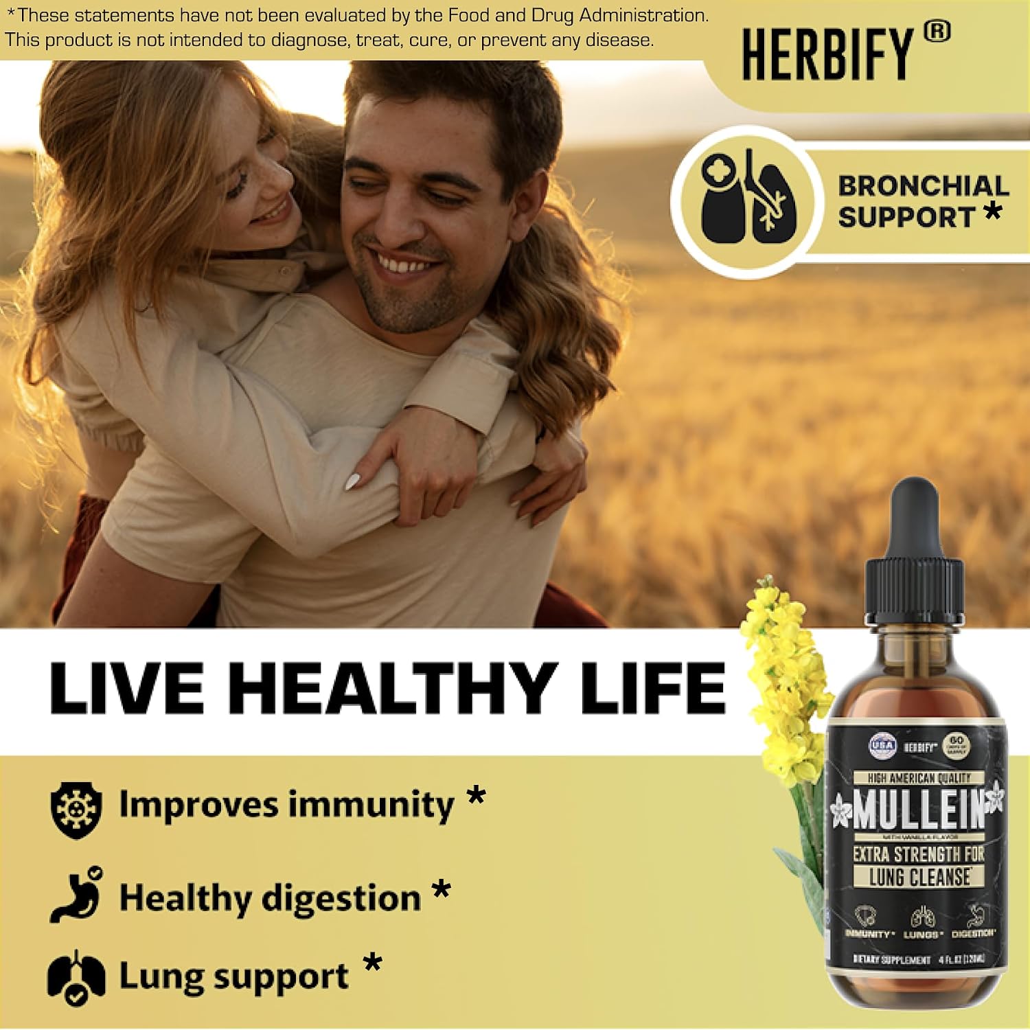 HERBIFY Bundle - Lions Mane & Mullein Vanilla 4 Fl Oz Drops - Supplement for Memory, Focus & Clarity & Immune Support, Lung Cleanse and Bronchial Support - PrimeBioHealth - canada supplements