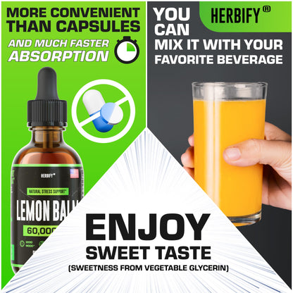 HERBIFY Lemon Balm Tincture - Melissa Officinalis Leaf Liquid Extract - Brain Support and Mood Boost - Lemon Balm Drops for Immune & Cognitive Support - 30 Days Supply - 2 Fl oz - PrimeBioHealth - canada supplements
