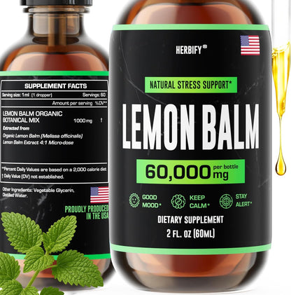 HERBIFY Lemon Balm Tincture - Melissa Officinalis Leaf Liquid Extract - Brain Support and Mood Boost - Lemon Balm Drops for Immune & Cognitive Support - 30 Days Supply - 2 Fl oz - PrimeBioHealth - canada supplements