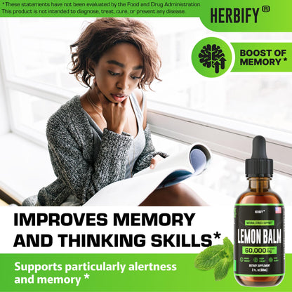 HERBIFY Lemon Balm Tincture - Melissa Officinalis Leaf Liquid Extract - Brain Support and Mood Boost - Lemon Balm Drops for Immune & Cognitive Support - 30 Days Supply - 2 Fl oz - PrimeBioHealth - canada supplements