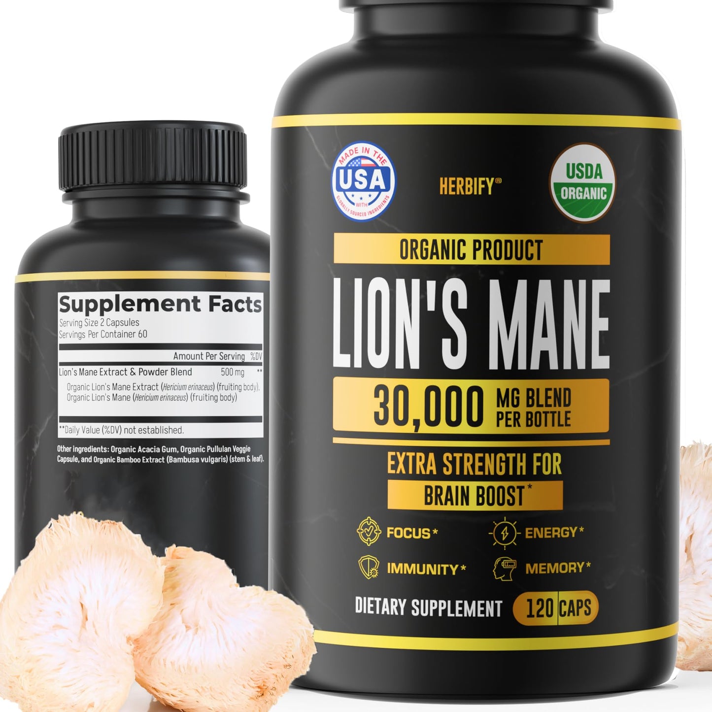 HERBIFY Lions Mane Supplement - Daily Mushroom Supplement for Memory, Focus & Clarity - Brain Booster - Lions Mane Tincture for Immune Support - 4 Fl oz - PrimeBioHealth - canada supplements