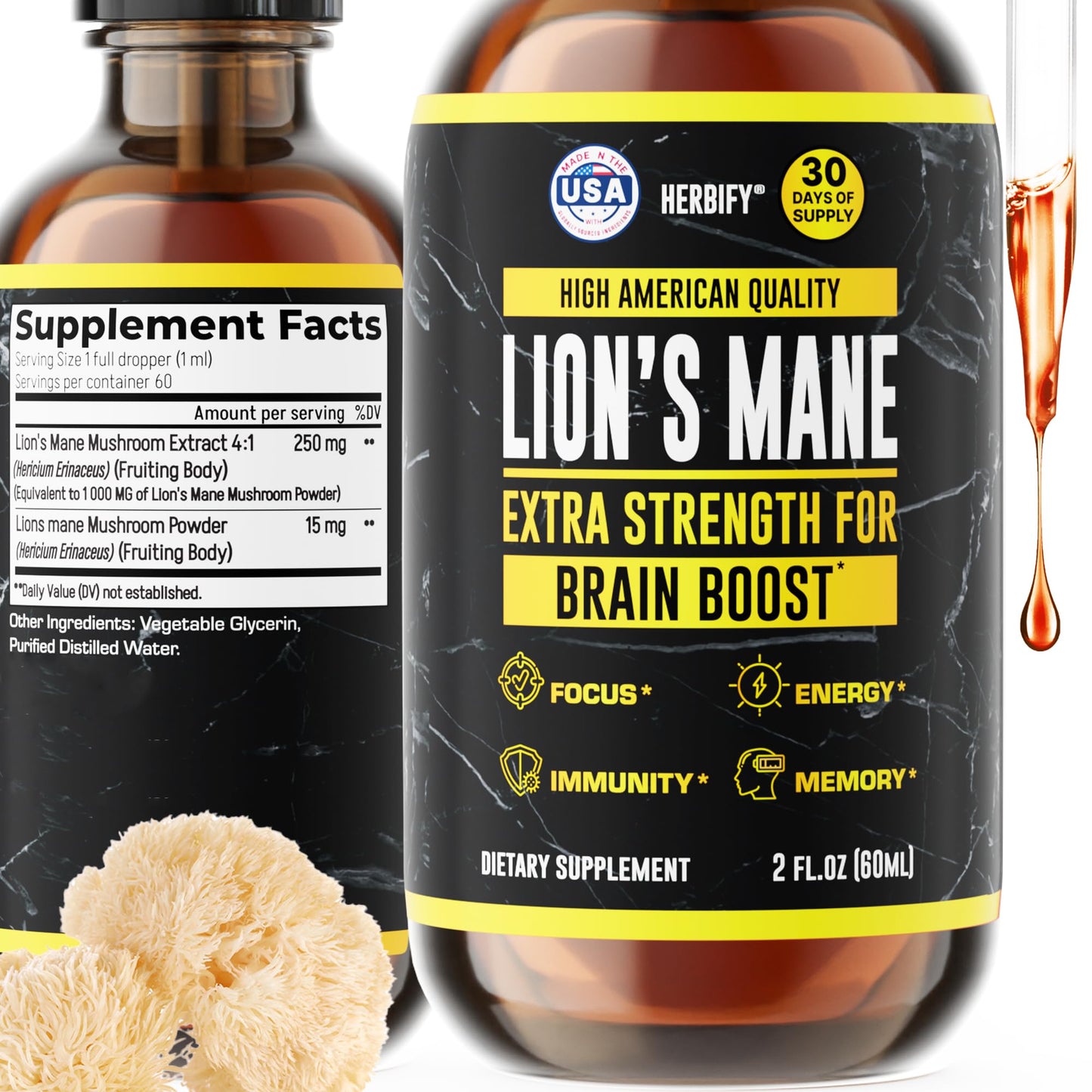 HERBIFY Lions Mane Supplement - Daily Mushroom Supplement for Memory, Focus & Clarity - Brain Booster - Lions Mane Tincture for Immune Support - 4 Fl oz - PrimeBioHealth - canada supplements