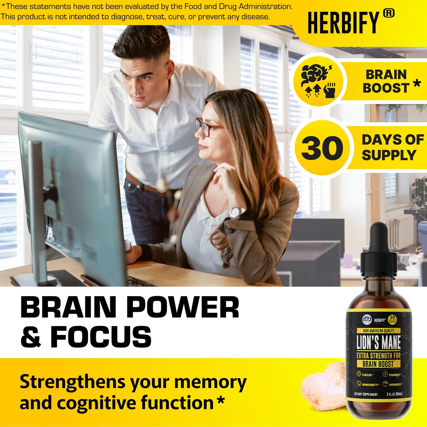 HERBIFY Lions Mane Supplement - Daily Mushroom Supplement for Memory, Focus & Clarity - Brain Booster - Lions Mane Tincture for Immune Support - 4 Fl oz - PrimeBioHealth - canada supplements