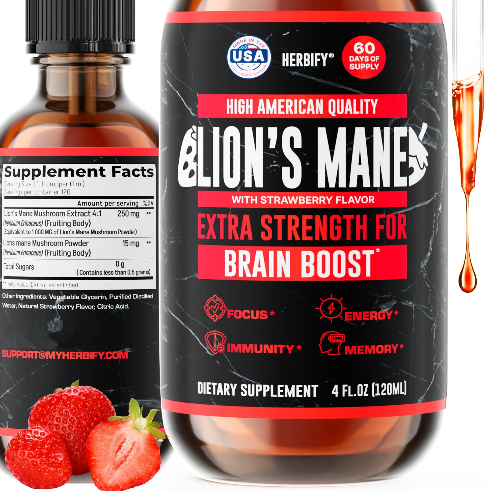 HERBIFY Lions Mane Supplement - Daily Mushroom Supplement for Memory, Focus & Clarity - Brain Booster - Lions Mane Tincture for Immune Support - 4 Fl oz - PrimeBioHealth - canada supplements