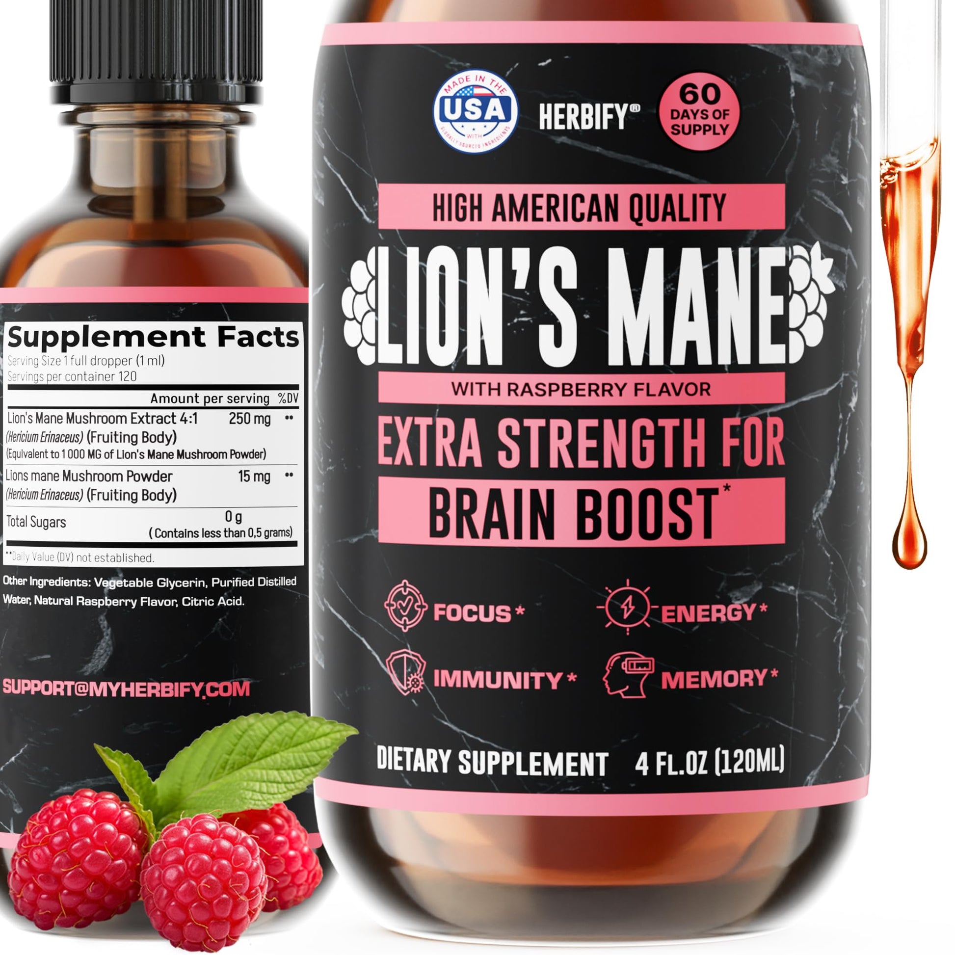 HERBIFY Lions Mane Supplement - Daily Mushroom Supplement for Memory, Focus & Clarity - Brain Booster - Lions Mane Tincture for Immune Support - 4 Fl oz - PrimeBioHealth - canada supplements