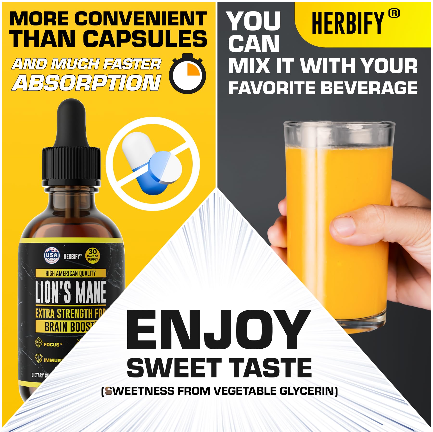 HERBIFY Lions Mane Supplement - Daily Mushroom Supplement for Memory, Focus & Clarity - Brain Booster - Lions Mane Tincture for Immune Support - 4 Fl oz - PrimeBioHealth - canada supplements